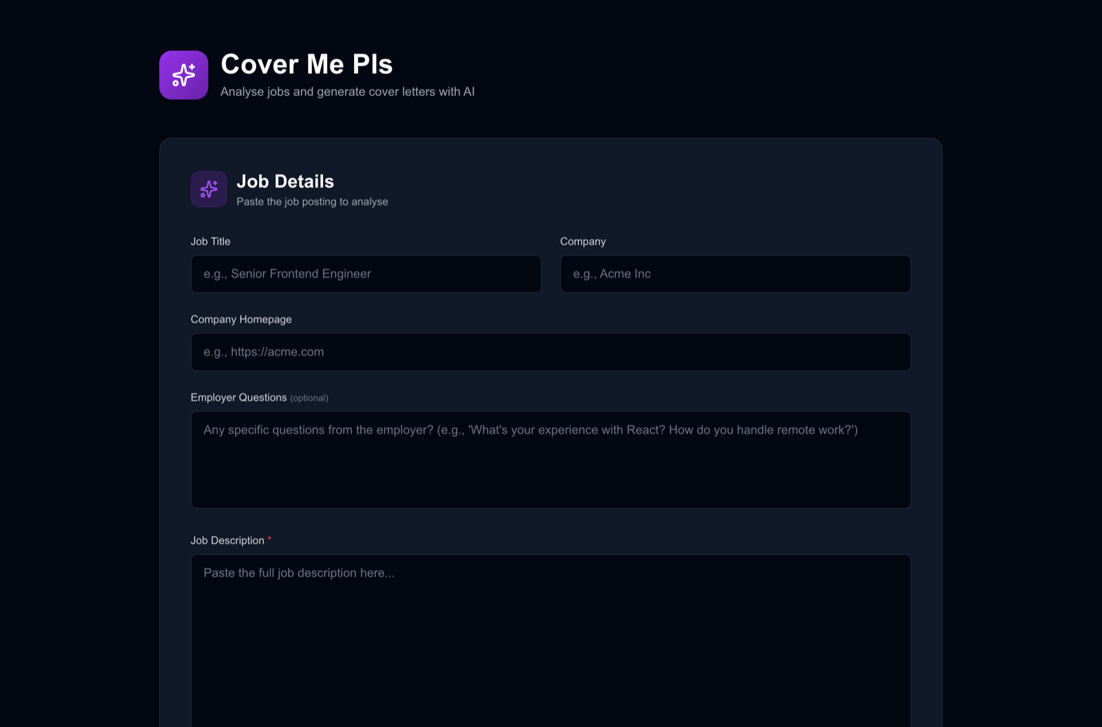 Cover Me Pls job-details form: fields for job title, company, company homepage, optional employer questions, and a large job description textarea, on a dark violet-accented interface.